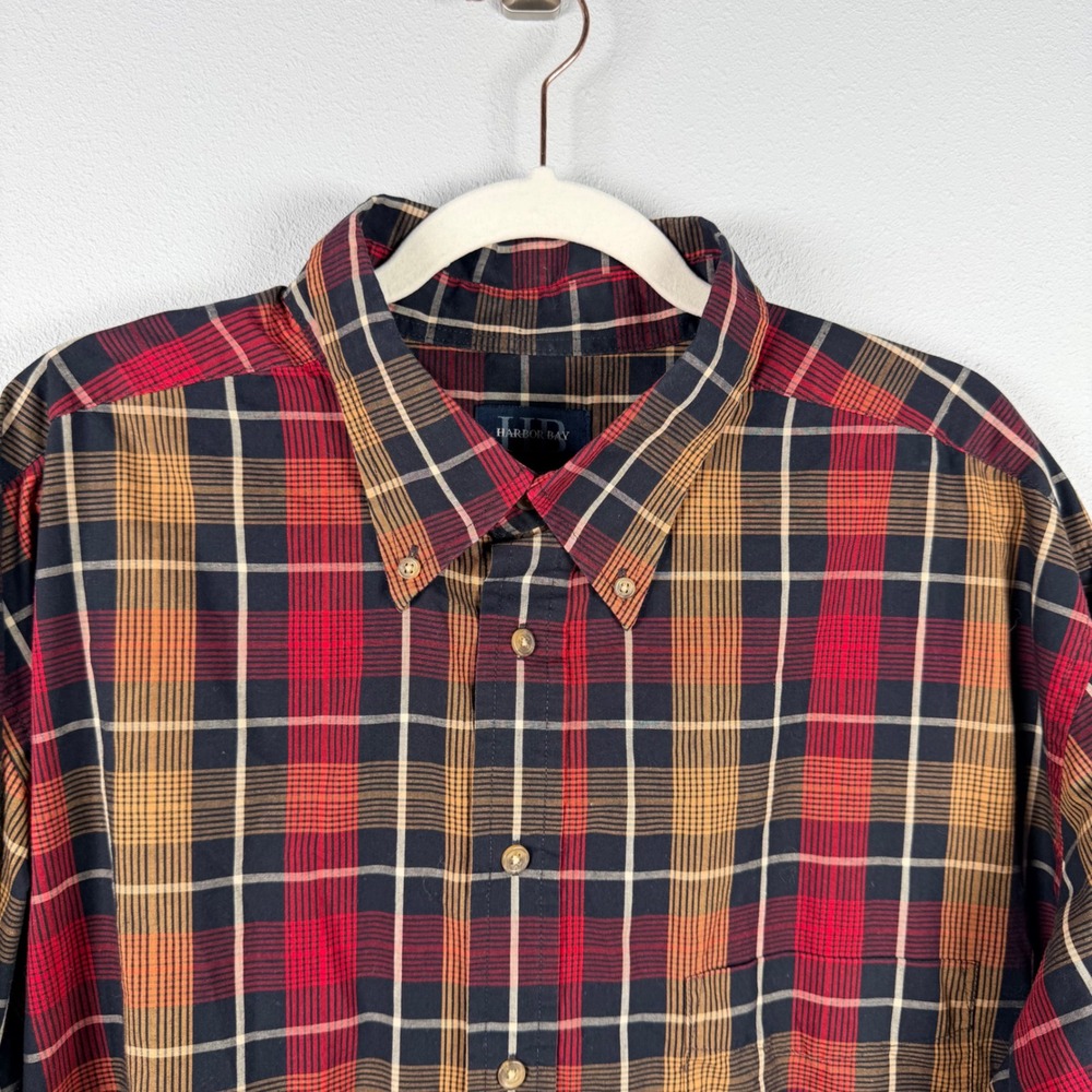 Harbor Bay Mens 2XLT Plaid Button Down Shirt Long Sleeve Red Brown Tall Cotton